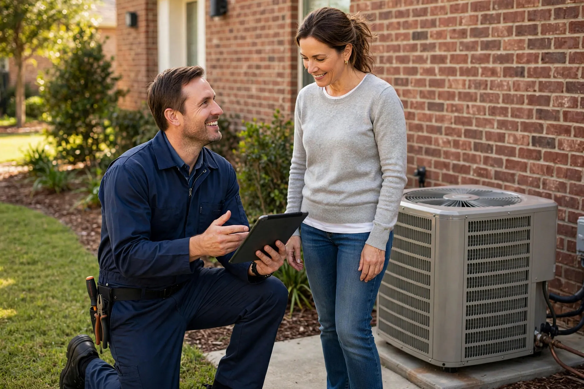 Texas Heat & Air technician explaining options to a homeowner beside their AC unit